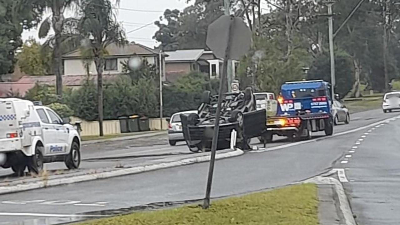 Car being towed after flipping onto to it’s roof at the stop sign intersection, 29 April 2023. Picture: Facebook