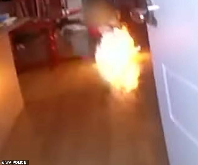 A police body-worn camera captured the moment a 30-year-old man allegedly set fire to a home while a woman and three young children were inside
