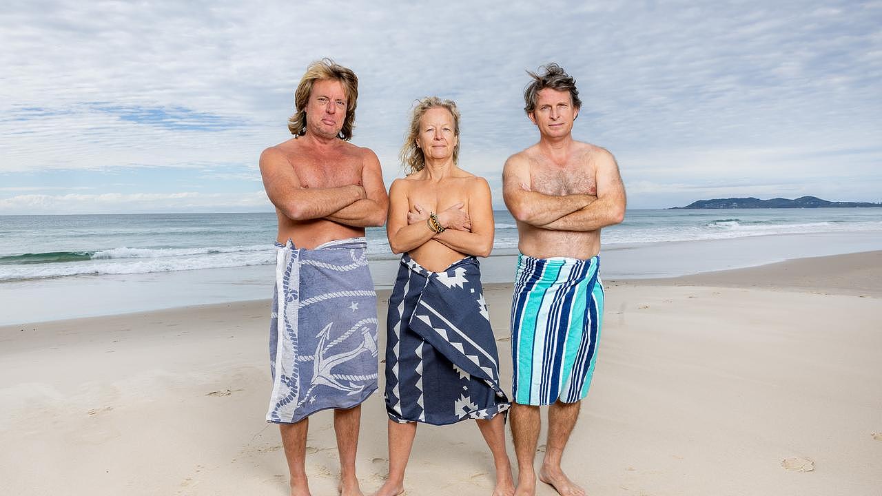 Duncan James, Maxine Hawker and Bradley Benham at Tyagarah Nudist Beach near Byron Bay. Picture by Luke Marsden.
