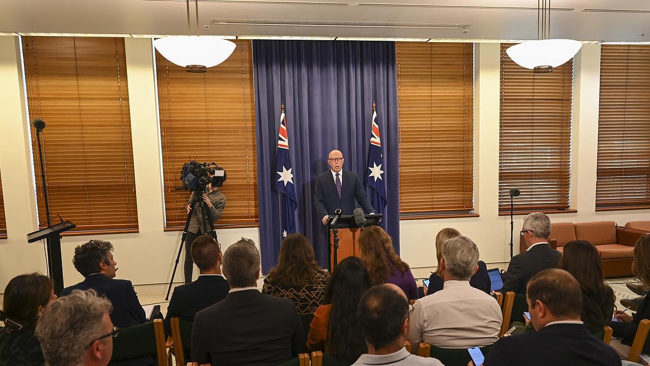 Opposition Leader Peter Dutton holds a press conference at Parliament House in Canberra. Picture: NewsWire / Martin Ollman