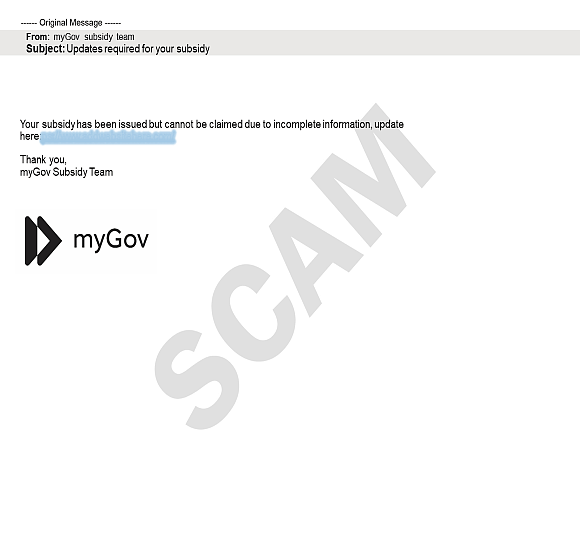 这是一封声称来自 myGov 的诈骗电子邮件的截图，其中的超链接被模糊处理了。  