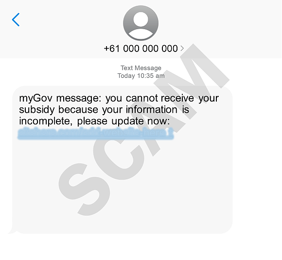 这是自称来自 MyGov 的诈骗短信的截图。短信中的超链接被模糊了。 
