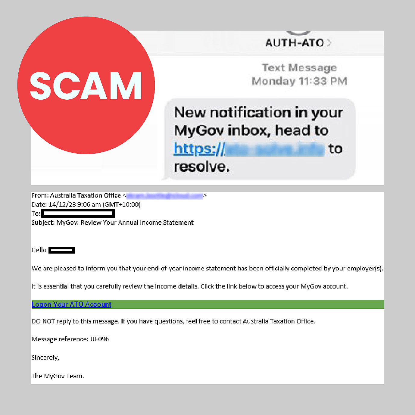 Two screenshots of a scam text message and a scam email claiming to be my from myGov with the word 