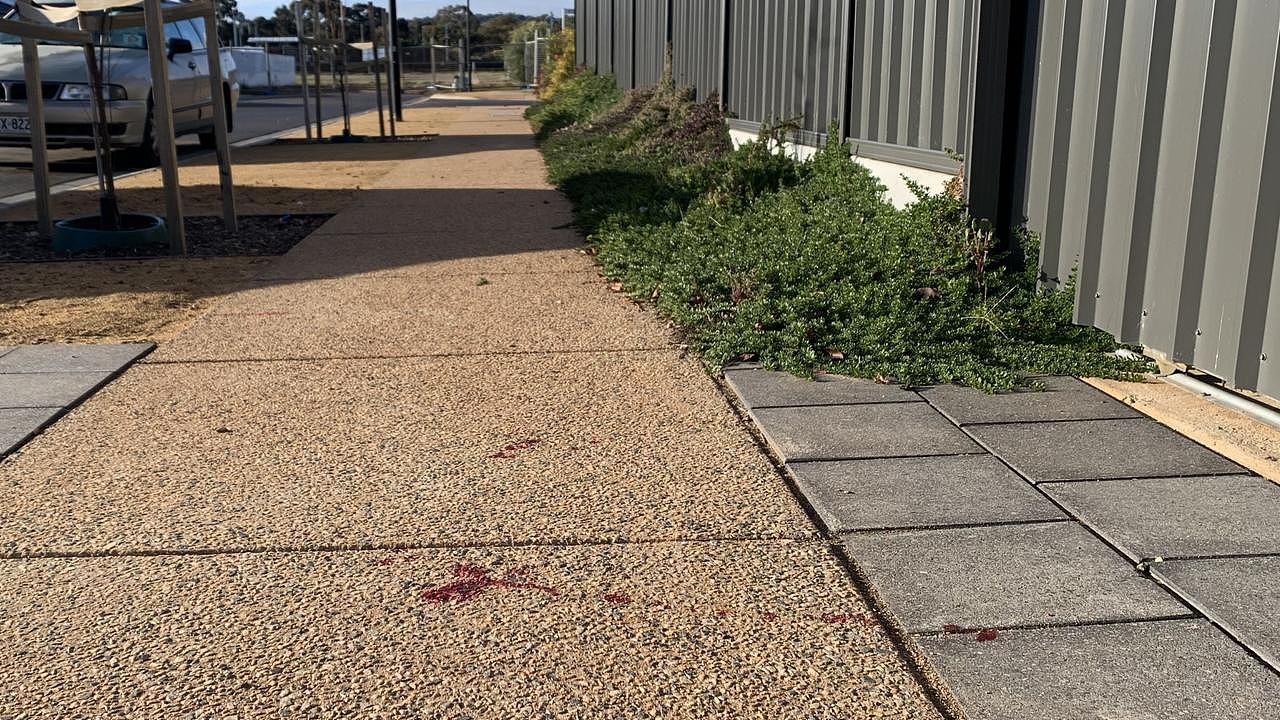 Blood stains on the Harry Street footpath in Evanston Gardens where a man was stabbed in the back after disturbing a car break-in. Picture: Tara Miko