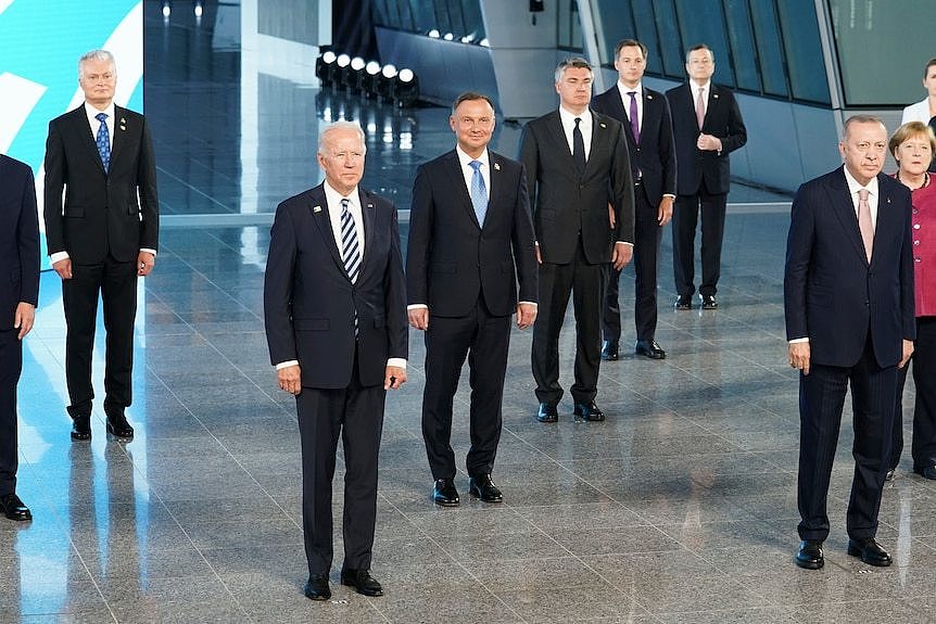 US President Joe Biden and other NATO heads of the states and governments pose for a family photo during the NATO summit.