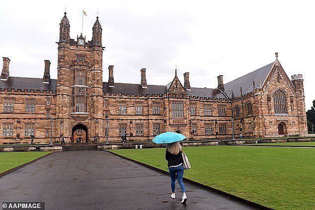 A 14-year-old boy has been arrested and a man has been rushed to hospital after a stabbing sent the University of Sydney (pictured) into lockdown