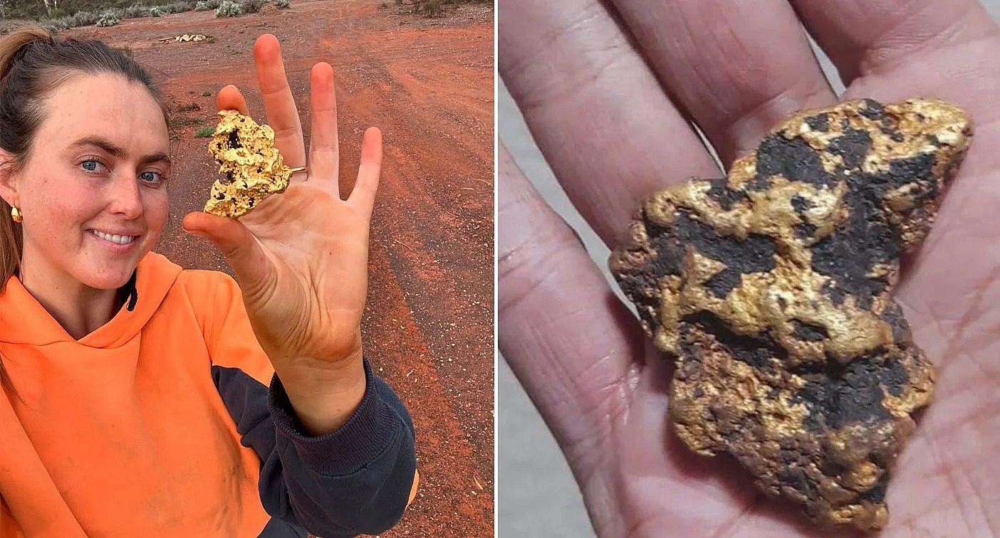 Tyler Mahoney holding the 146-gram gold nugget (left) and a close up of what the nugget looked like after being found on the ground (right).