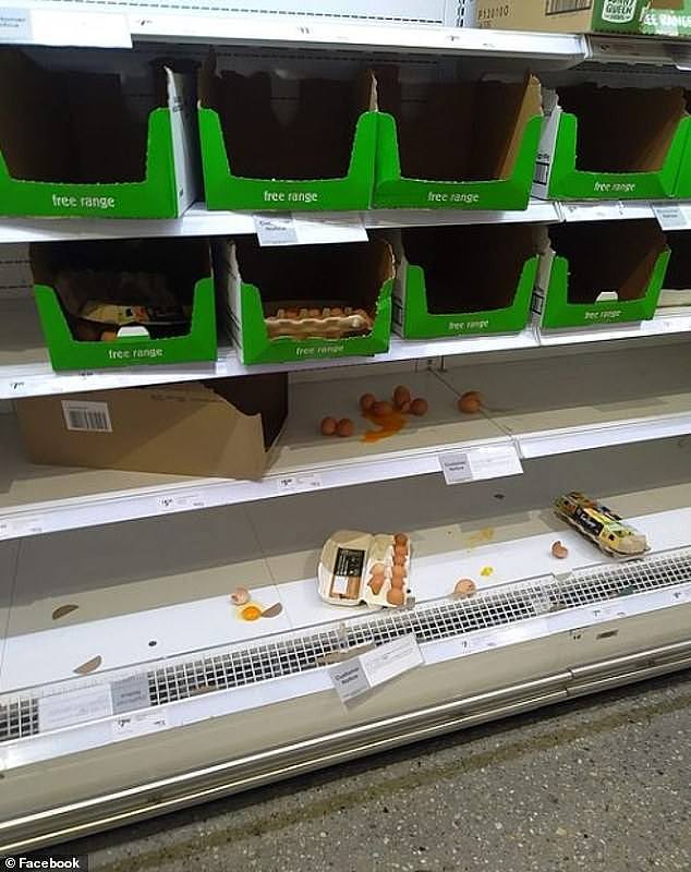 An image of broken eggs left on a shelf at a Coles in Melbourne (pictured) has sparked fury from Aussie shoppers as staff reportedly ignored the issue for about half an hour