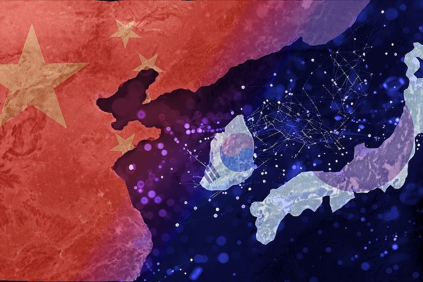 A graphic showing China, South Korea and Japan with their flags superimposed.