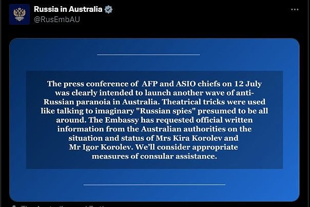 Text reading: the ASIO press conference was clearly intended to launch another wave of anti-Russian paranoia 