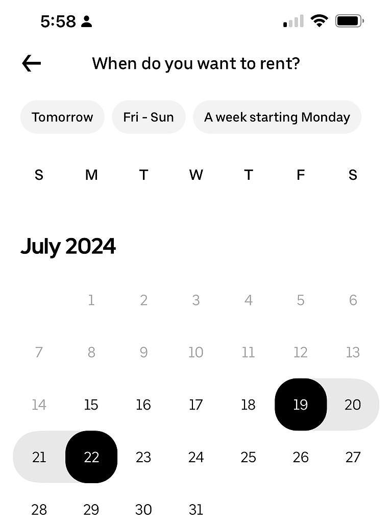 Under the ‘Rental Cars’ tab in the app, select your dates.