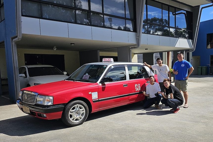 The four friends discovered Sampson in Queensland, who had already converted a Toyota Crown into the iconic Hong Kong red taxi.