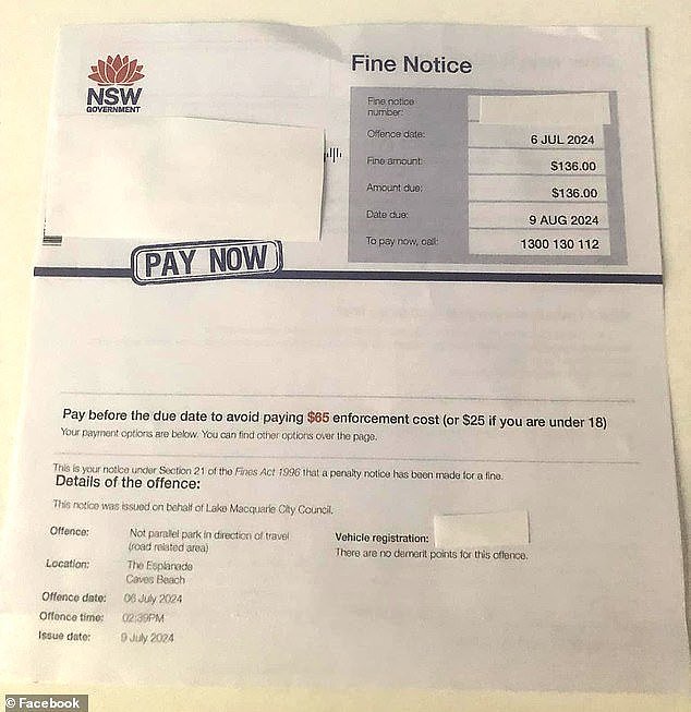 Newcastle woman Amy Sloane was left fuming after a parking ranger issued her a $136 fine (pictured) over a 'five-minute' stop