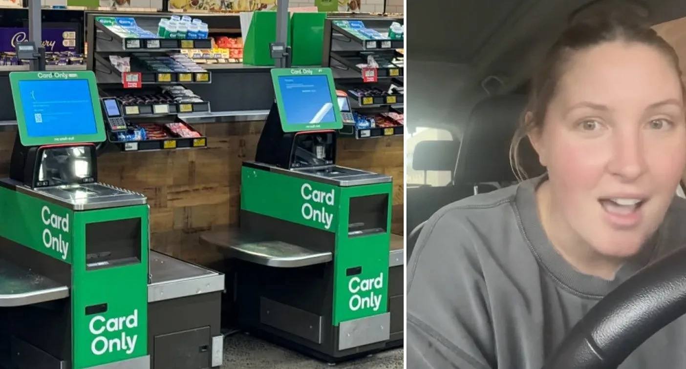 Left, Woolworths checkouts shut down with blue screen after the global IT outage. Right, shopper Stephanie detailing her free $88 grocery haul.