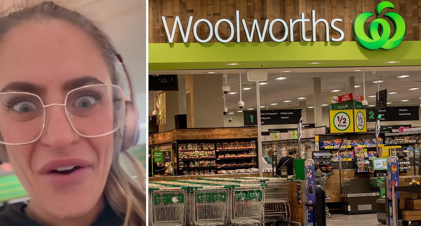 The woman makes a face at the camera while talking about the single handled baskets in Woolworths (left). A Woolies store front (right). 