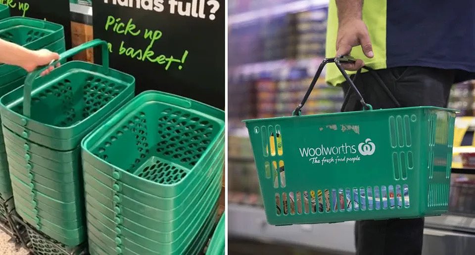 The new single-handled shopping basket (left) and a man holds a old, double handled basket (right). 