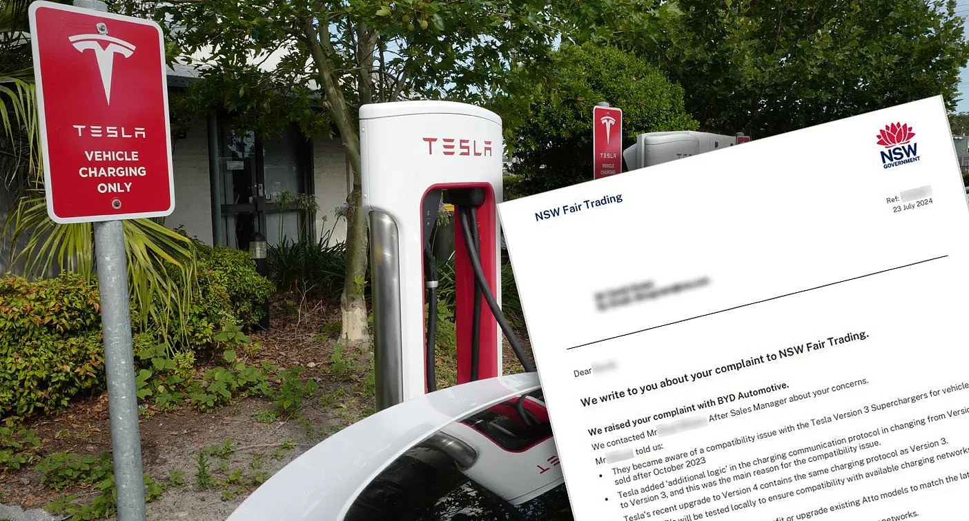 A Tesla supercharger bay (left) and a letter written to NSW Fair Trading about compatibility issues (right). 