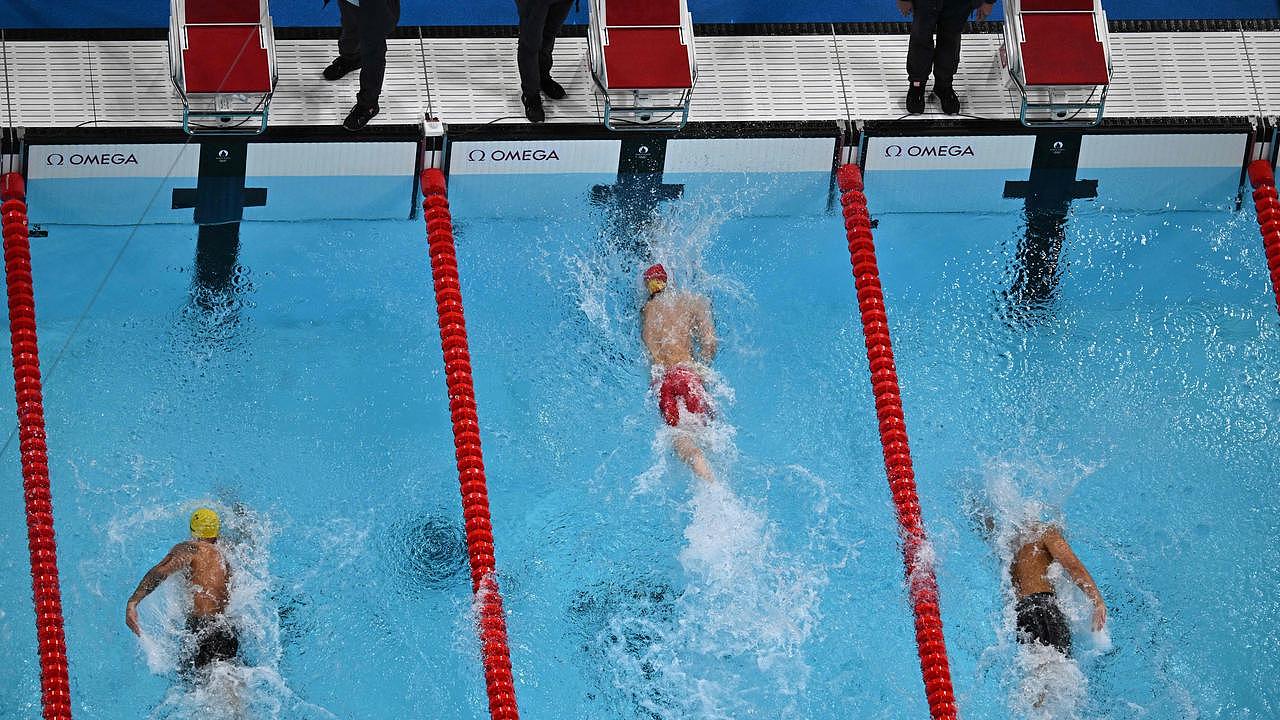 An overview shows China's Pan Zhanle winning this morning’s final. Picture: Manan Vatsyayana/AFP