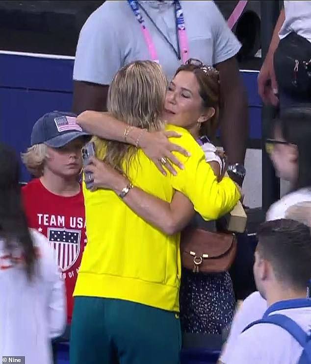 Queen Mary shared a long hug with Titmus (left) and the pair were all smiles as the Aussies rushed to the stands to embrace their friends and loved ones