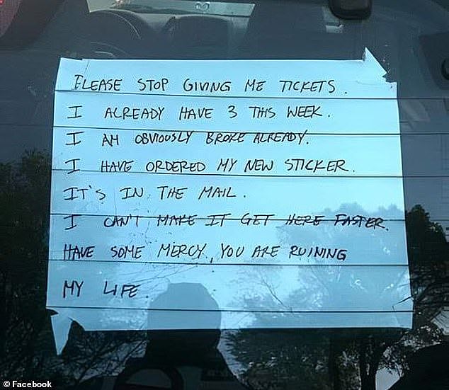 A driver shared his desperate note to a parking officer after being written up three times