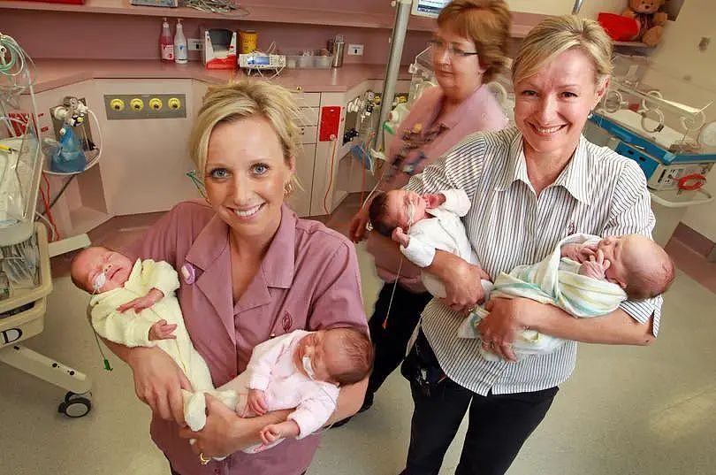 Mercy Hospital is going through a mini baby boom - Midwife Felicity Kostera with 17 day old twins, Layla and Grace Dunn and Nurse Unit Manager Sharon Connolly with Isla Vellacott, 7 days and Ava Anaya, 1 day old. Pic John Mokrzycki WAN  and .