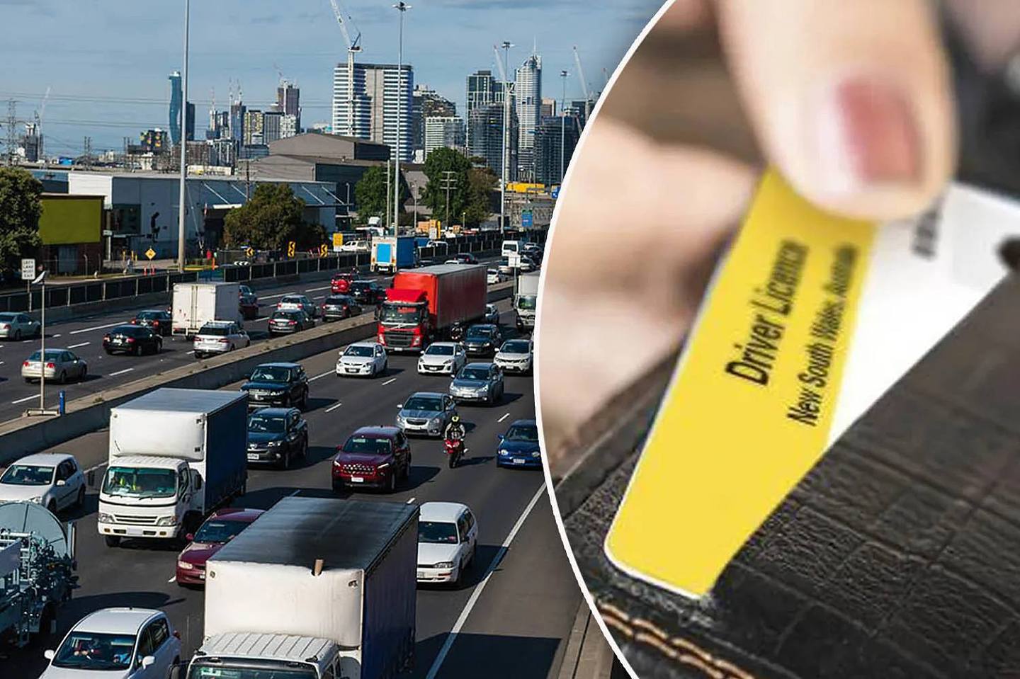 Left: three lanes of traffic on busy highway. Right: A woman removing her licence from a wallet