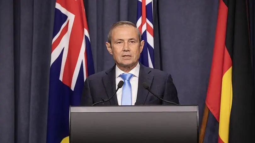 Premier Roger Cook speaks to the media at Dumas House today. 