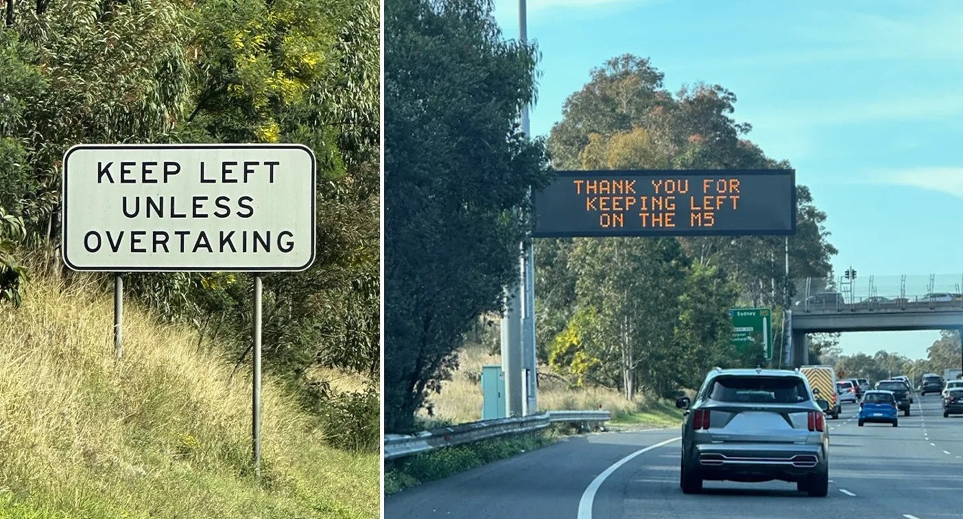 A keep left sign, beside another image of a keep left sign on a VMS board, on the M5 in Sydney. 