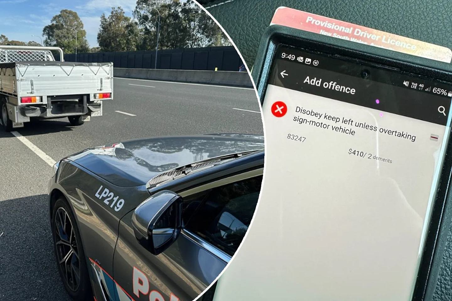 A NSW Police car pulling over a P-plater in a ute, beside a mobile phone showing the $410 fine the driver received. 