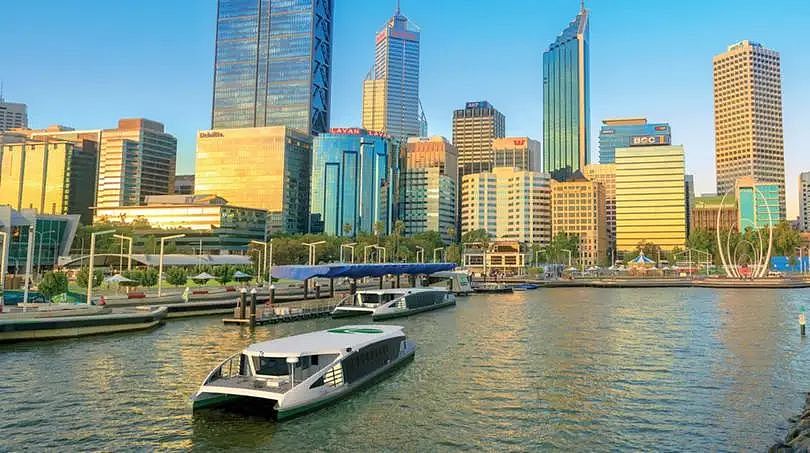 Artist's impression of the new Transperth ferry arriving at the Elizabeth Quay ferry terminal.