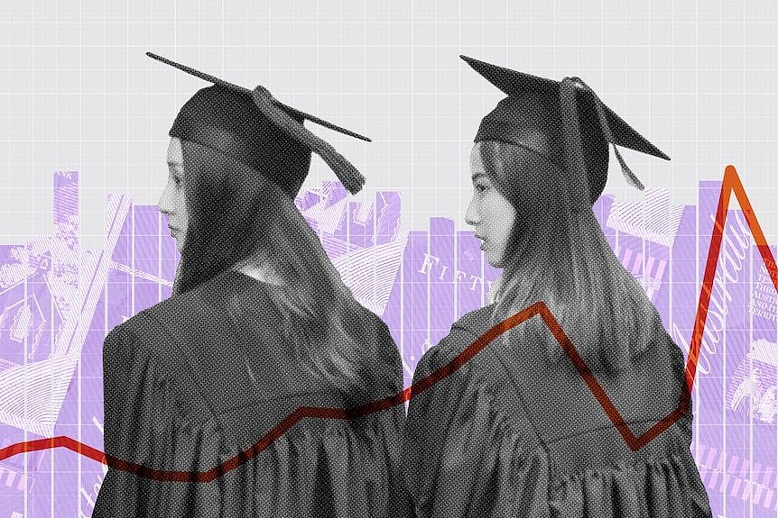 A graphic of two women in graduation outfits, against a purple background with a red graph line over the top. 