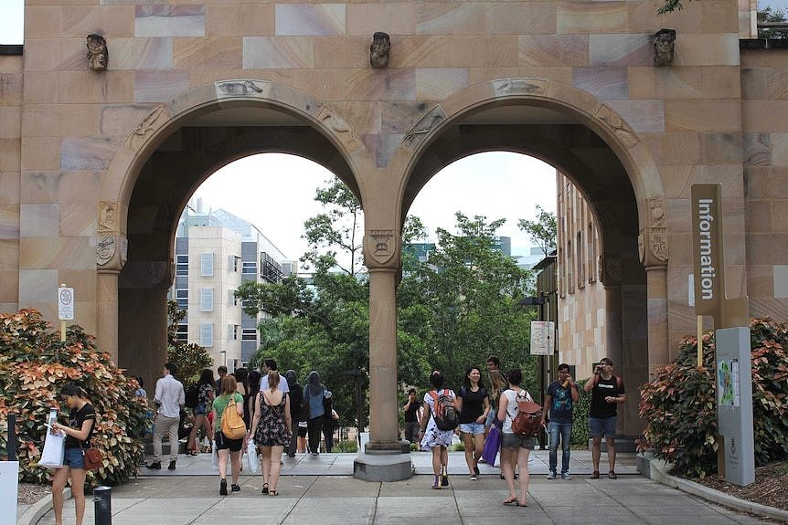 The busy entrance to the Great Court during Orientation Week at the University of Queensland.