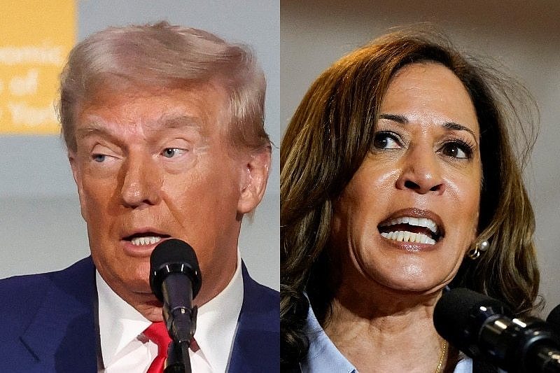 Donald Trump and Kamala Harris speaking into microphones in two separate images side by side.