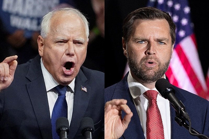 Separate close-up headshots of Tim Walz and JD Vance.