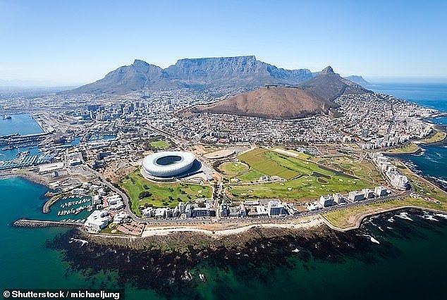 An aerial view of Cape Town, South Africa, with the world-famous Table Mountain in the background