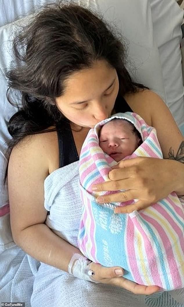 Gaby gave birth to a baby girl (pictured) while visiting Australia from Costa Rica unaware she had been pregnant following a night out when her drink was spiked nine months ago