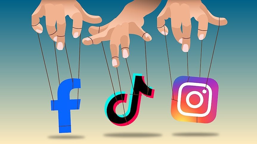 A graphic showing a puppeteer controlling icons of Facebook, TikTok and Instagram.