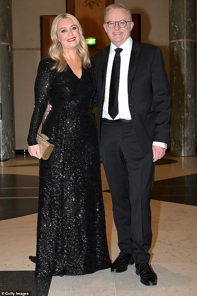 Prime Minister Anthony Albanese (right) and his fiancé Jodie Haydon (left) are pictured at the Midwinter Ball at Parliament House in July, 2024