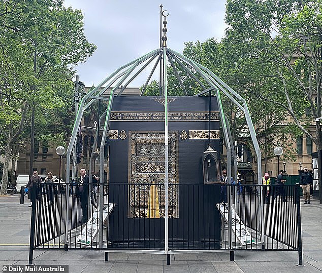 A replica of the Holy Kaaba - a stone building at the center of the Great Mosque in Mecca, which is considered Islam's holiest site - was erected in Martin Place