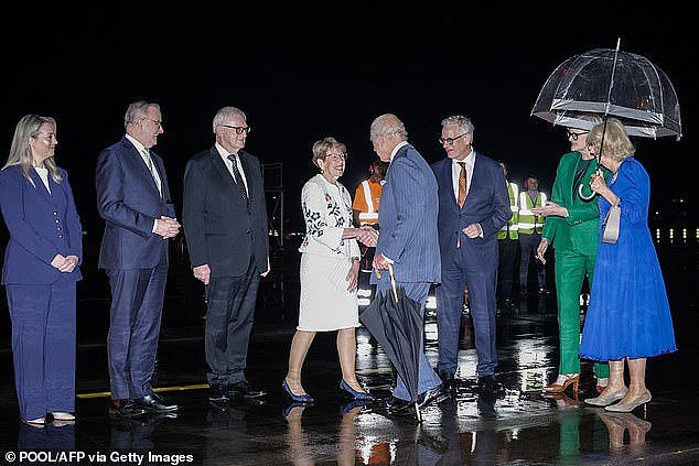 Prime Minister Anthony Albanese 's fiancée Jodie Haydon swapped scintillation for sophistication as she greeted King Charles and Queen Camilla upon their arrival in Australia