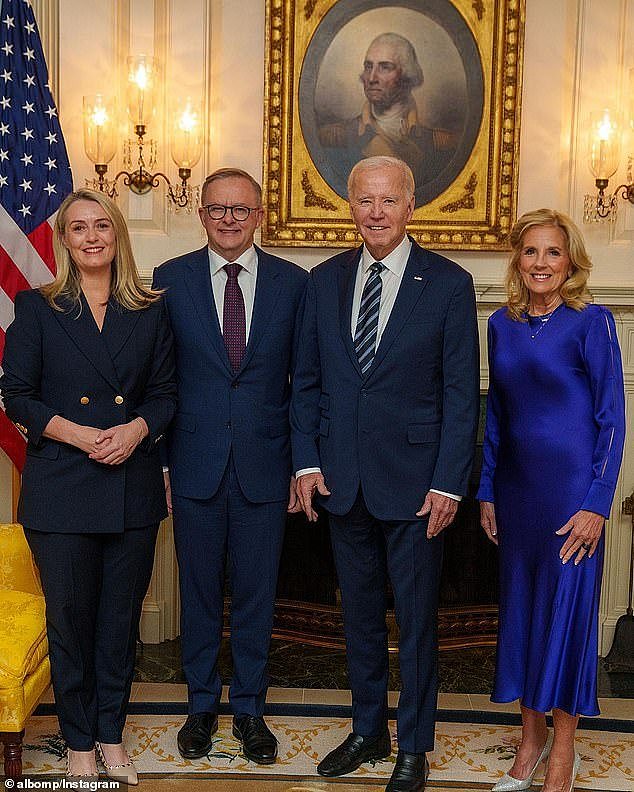 Ms Haydon also wore a very similar navy suit when Prime Minister Albanese, US President Joe Biden and his wife Jill Biden met for a private dinner in October 2023