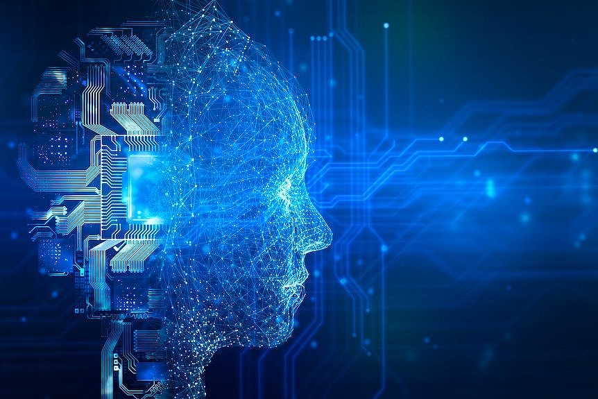 Graphic showing the merging of a human head and electronic circuits