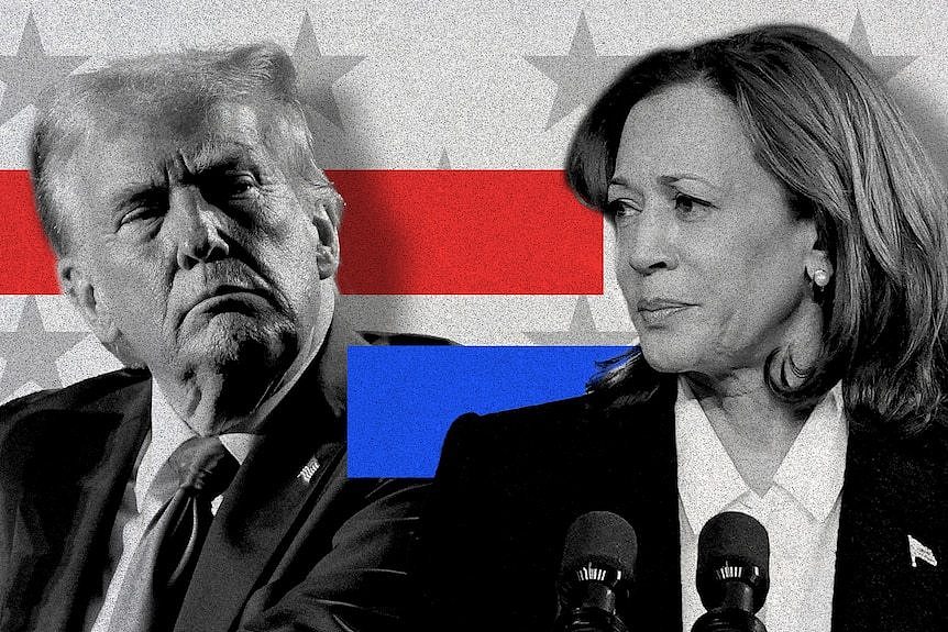 Kamala Harris and Donald Trump looking at each other in election illustration