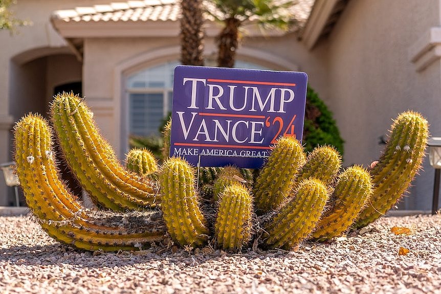 A 'Trump Vance '24' sign sits next to a cactus plant.