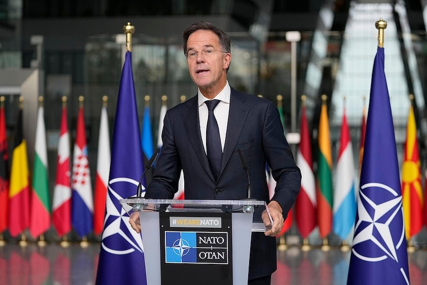 NATO Secretary General Mark Rutte delivers a statement,