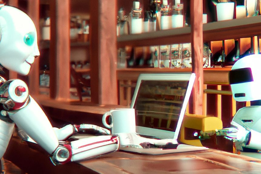 An AI-generated photorealistic image of a robot using a laptop computer, while sitting in a warm cafe