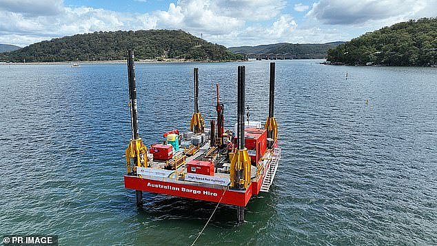 Two drill rigs (pictured) were set up on Monday on the Hawkesbury River and at Brisbane Water in Gosford, with plans to drill six boreholes up to a depth of 140metres