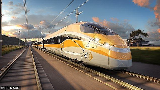 The long-anticipated east coast rail project is set to connect Brisbane , Sydney , Canberra, Melbourne and regional communities in between (an artists impression is pictured)