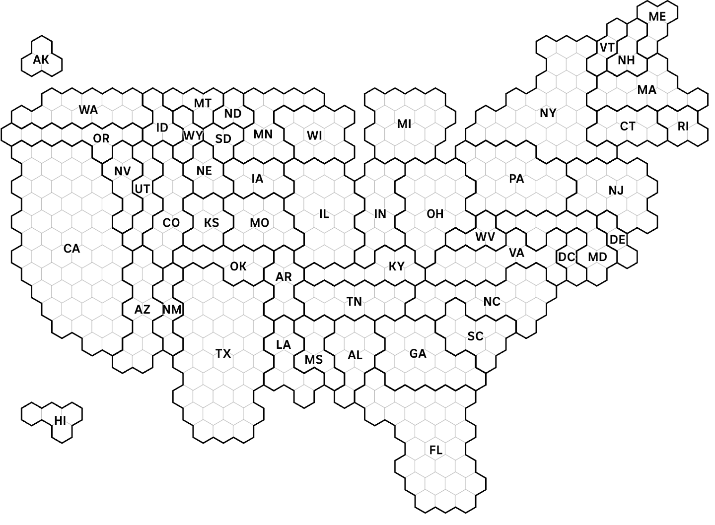 A map of the US, showing the hexagons representing each Electoral College vote. 