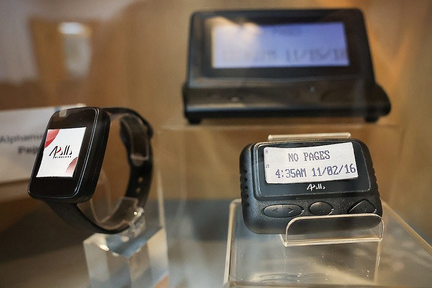 Pagers on display at a meeting room at the Gold Apollo company building in New Taipei City, Taiwan